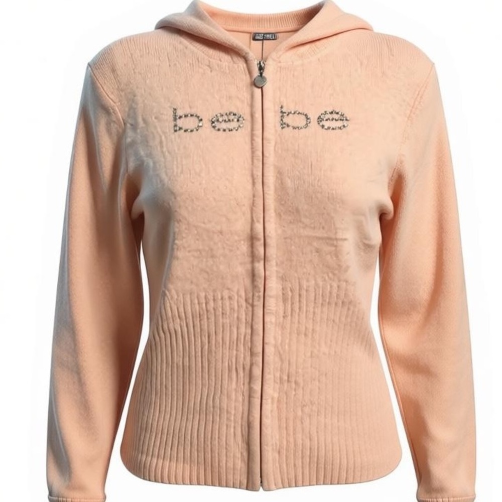 Bebe Angora Cardigan Sweater Hoodie pink size L rhinestone logo Vintage NWOT